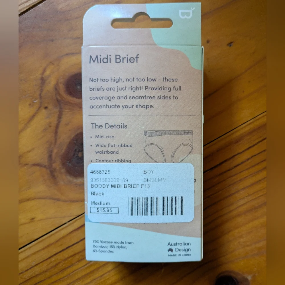 BOODY Bamboo Midi Brief 4pack: 3 Black Medium, 1 NUDE Medium (4 total) - Picture 2 of 6